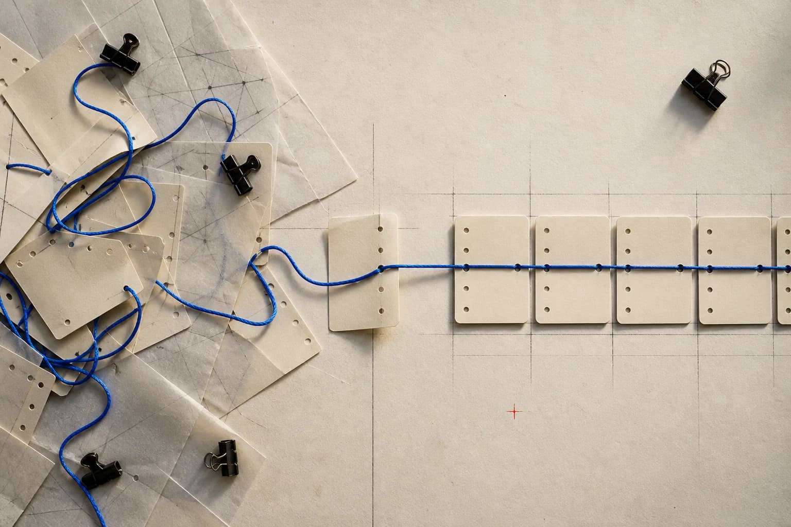 Estudo visual da Luca com papéis e um fio azul que sai de uma composição desorganizada e atravessa uma sequência organizada de cartões.